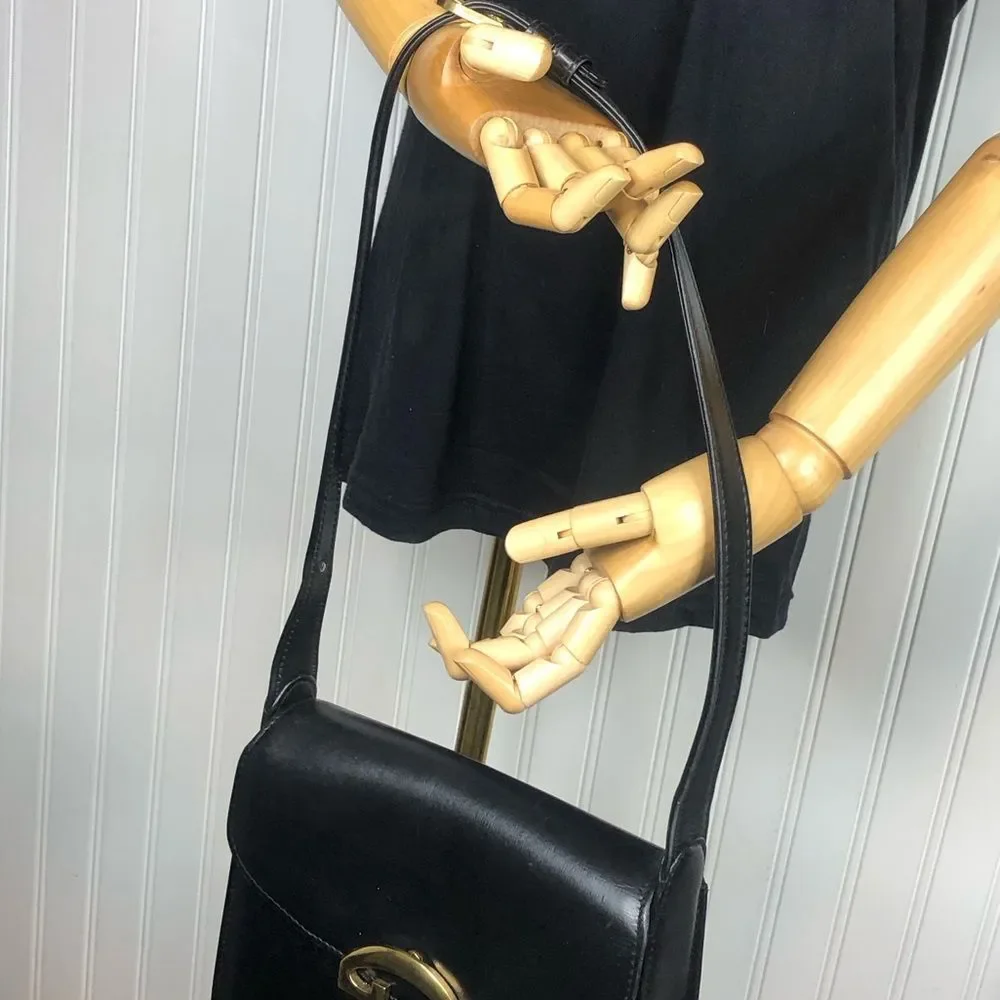 Vintage GUCCI Black Lambskin Leather Single Flap Gold Buckle Shoulder Bag